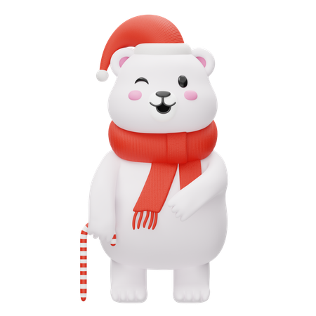 Lindo oso polar con palo navideño  3D Illustration