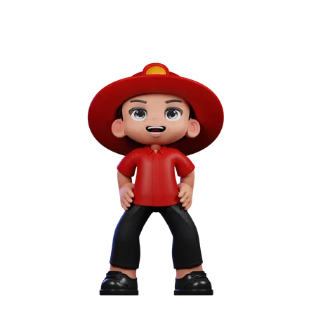 Lindo pequeño bombero de pie pose de risa  3D Illustration