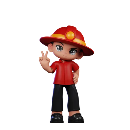 Lindo pequeño bombero mostrando el signo de la paz  3D Illustration