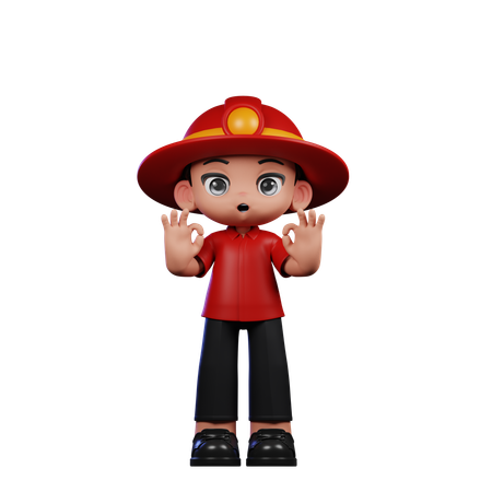 Lindo pequeño bombero mostrando signo Ok  3D Illustration