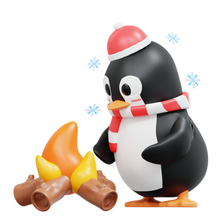 Lindo pingüino con hoguera  3D Illustration