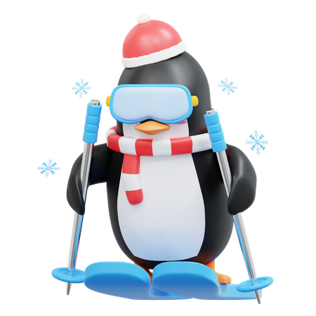 Lindo pingüino disfrutando del esquí  3D Illustration