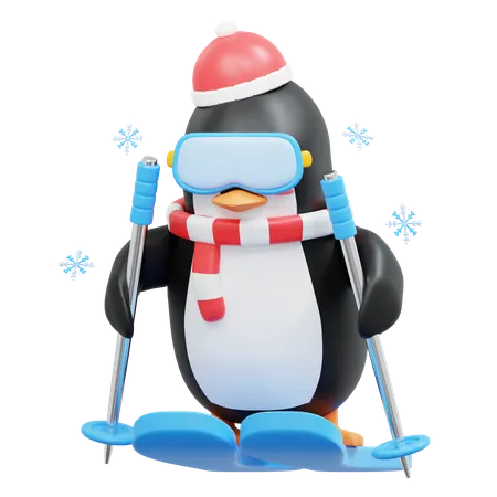 Lindo pingüino disfrutando del esquí  3D Illustration