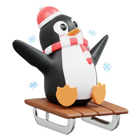 Lindo pingüino montando trineo  3D Illustration