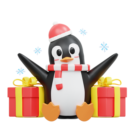 Lindo pingüino sentado con caja de regalo  3D Illustration