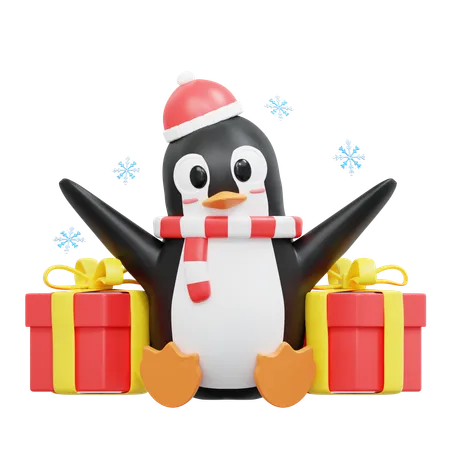 Lindo pingüino sentado con caja de regalo  3D Illustration