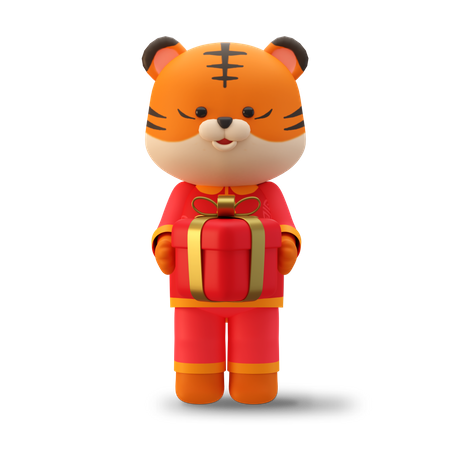Lindo tigre chinês segurando uma caixa de presente vermelha  3D Illustration