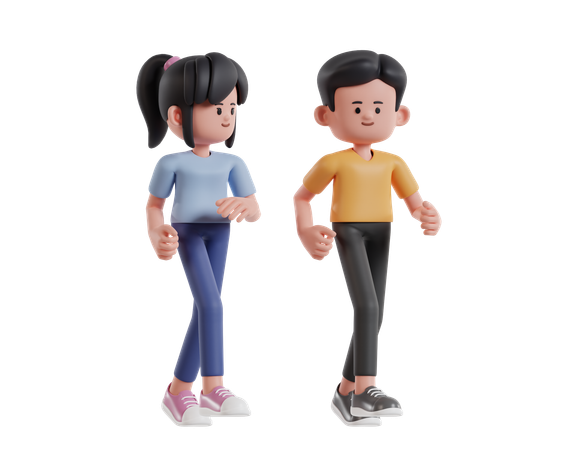 Lindos personajes de dibujos animados trotando juntos  3D Illustration