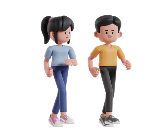 Lindos personajes de dibujos animados trotando juntos  3D Illustration