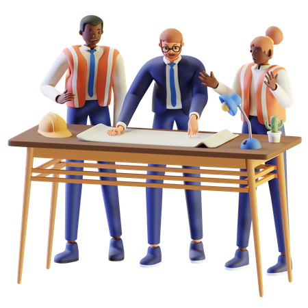 L'ingénieur présente un plan de construction aux travailleurs 3D Icon