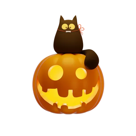 Linterna De Calabaza De Jack 3 D Y Gato Negro Concepto De Halloween 3D Illustration