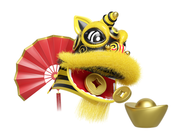 Lion chinois avec éventail à main et pièces d'or et lingots  3D Illustration