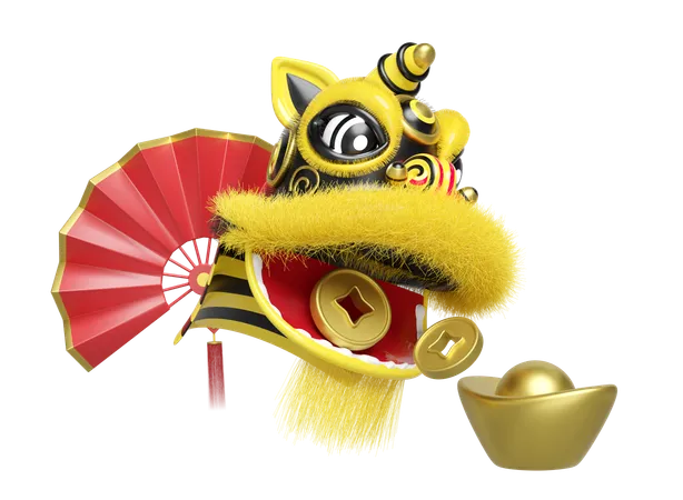 Lion chinois avec éventail à main et pièces d'or et lingots  3D Illustration