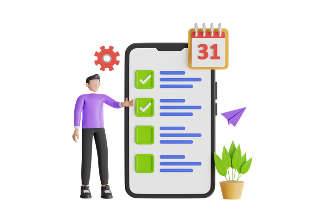 Calendario de lista de verificación de empresario en calendario  3D Illustration