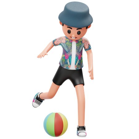 Little Boy Kicking Beach Ball  3D Illustration