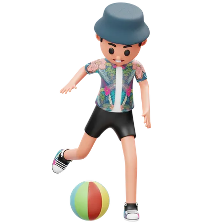 Little Boy Kicking Beach Ball  3D Illustration
