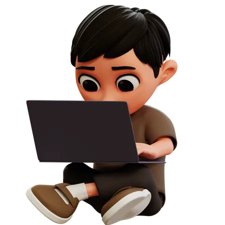 Little Boy Playing Laptop  3D Illustration