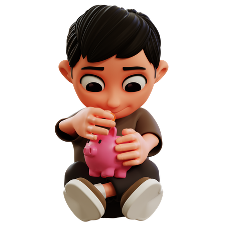 Little Boy Saving Money In Piggy Bank  3D Illustration