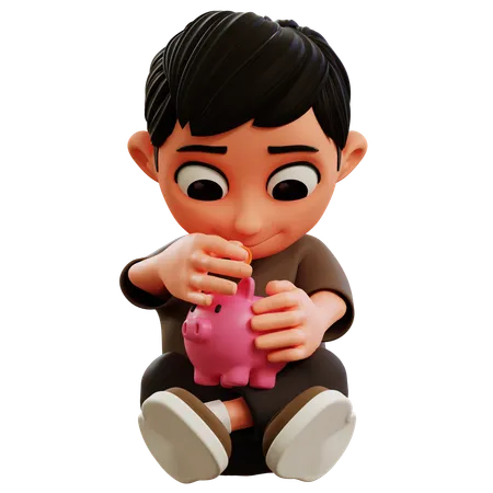 Little Boy Saving Money In Piggy Bank  3D Illustration