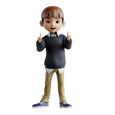 Little Boy Showing Double Thumbs Up  3D Illustration