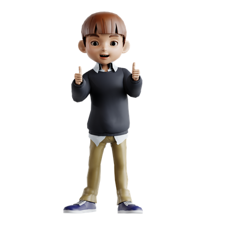 Little Boy Showing Double Thumbs Up  3D Illustration