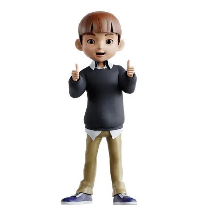 Little Boy Showing Double Thumbs Up  3D Illustration