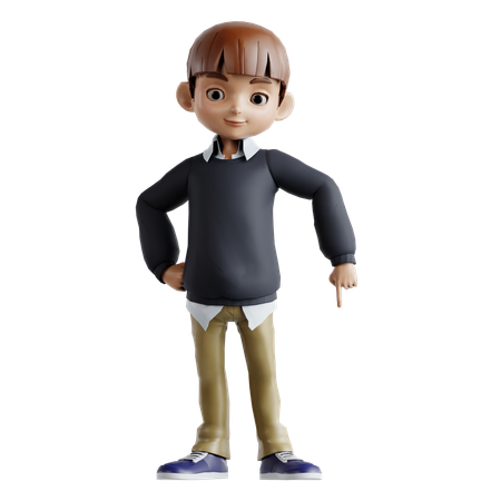 Little Boy Standing While Pointing Down  3D Illustration