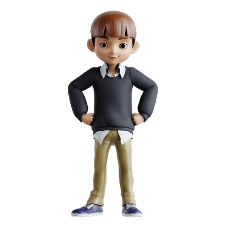 Little Boy Standing While Putting Hands On Waist  3D Illustration