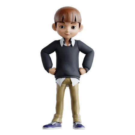 Little Boy Standing While Putting Hands On Waist  3D Illustration