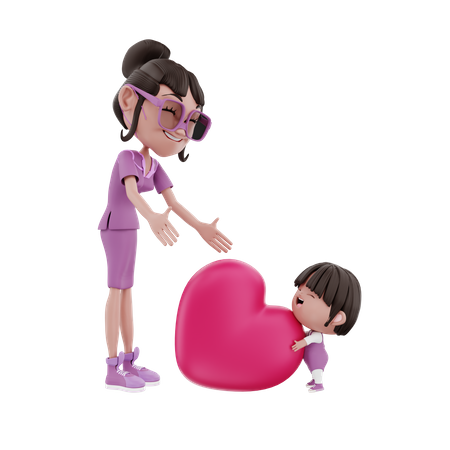 Little child giving heart to her mother  3D Illustration