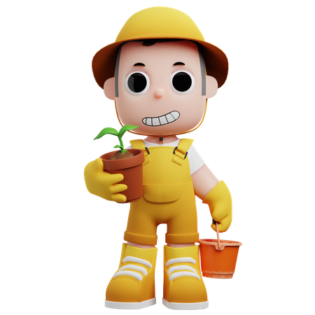 Little Farmer Carrying Plant And Can  3D Illustration