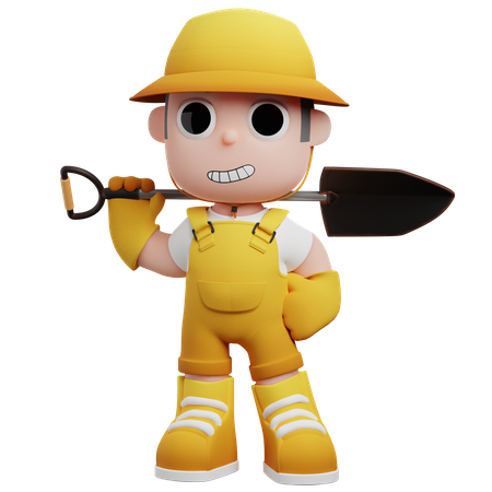 Little Farmer Hold Shovel  3D Illustration