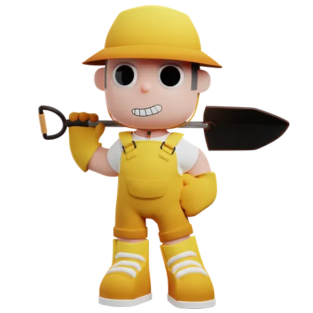 Little Farmer Hold Shovel  3D Illustration