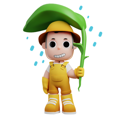 Little Farmer Using Plant As Umbrella  3D Illustration