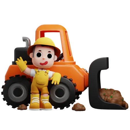 Little Gardener And Truck  3D Illustration