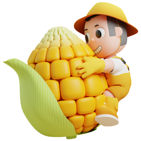 Little Gardener Hugging Big Corn  3D Illustration