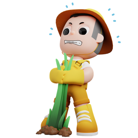 Little Gardener Pulling Long Grass  3D Illustration