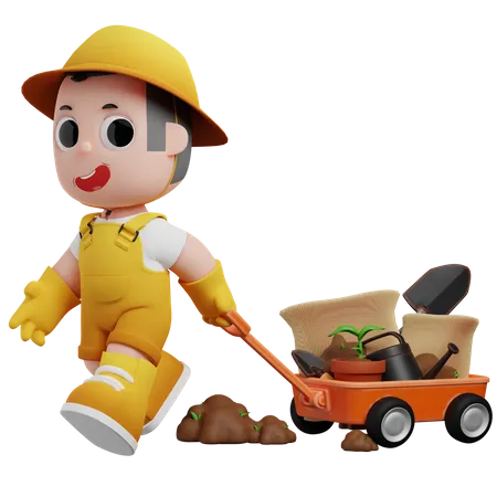 Little Gardener Pulls Trolley  3D Illustration