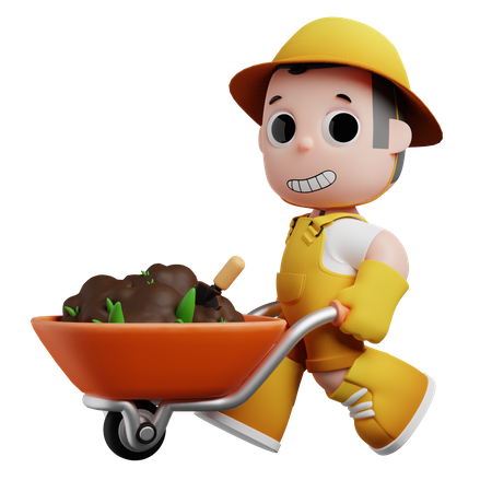 Little Gardener Pushing Wheelbarrow  3D Illustration