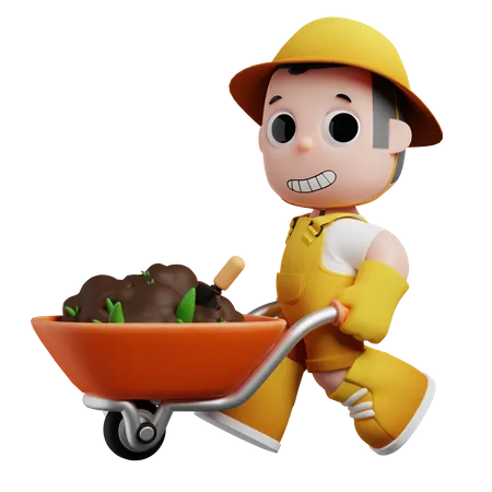 Little Gardener Pushing Wheelbarrow  3D Illustration