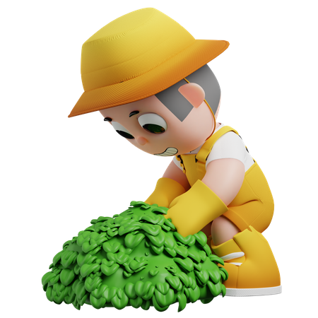 Little Gardener Treating Bushes  3D Illustration