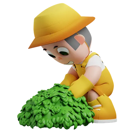 Little Gardener Treating Bushes  3D Illustration