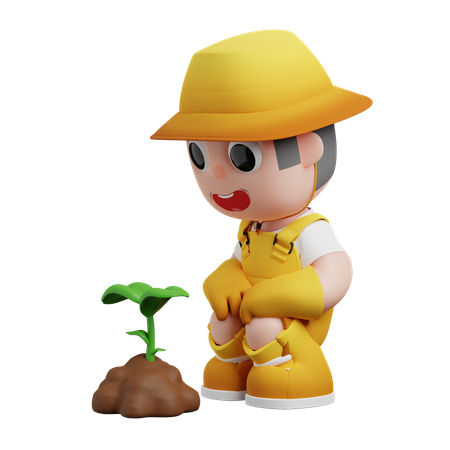 Little Gardener Waiting Plant To Grow  3D Illustration