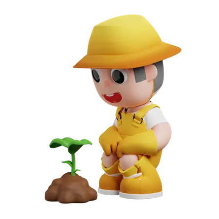 Little Gardener Waiting Plant To Grow  3D Illustration