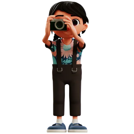 Little Girl Doing Photography Using Camera  3D Illustration