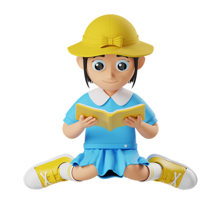 Little girl holding book while reading book  3D Illustration