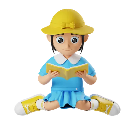 Little girl holding book while reading book  3D Illustration