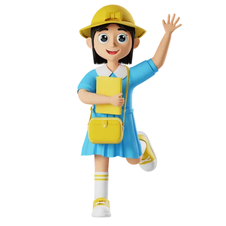 Little girl holding book while waving hand  3D Illustration