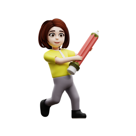 Little girl holding pencil  3D Illustration