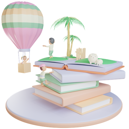 Little girl in hot air balloon while other kids playing  3D Icon